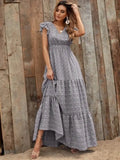 Printed V-Neck Ruffled Cap Sleeve Maxi Dress - EBYNN