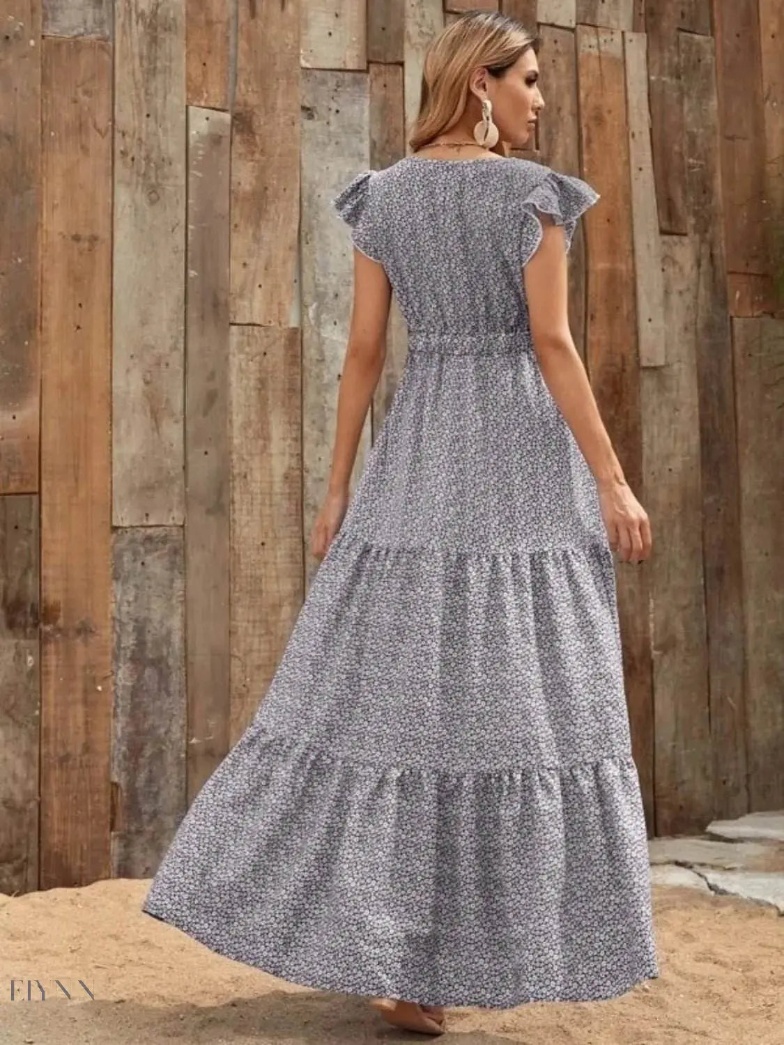 Printed V-Neck Ruffled Cap Sleeve Maxi Dress - EBYNN