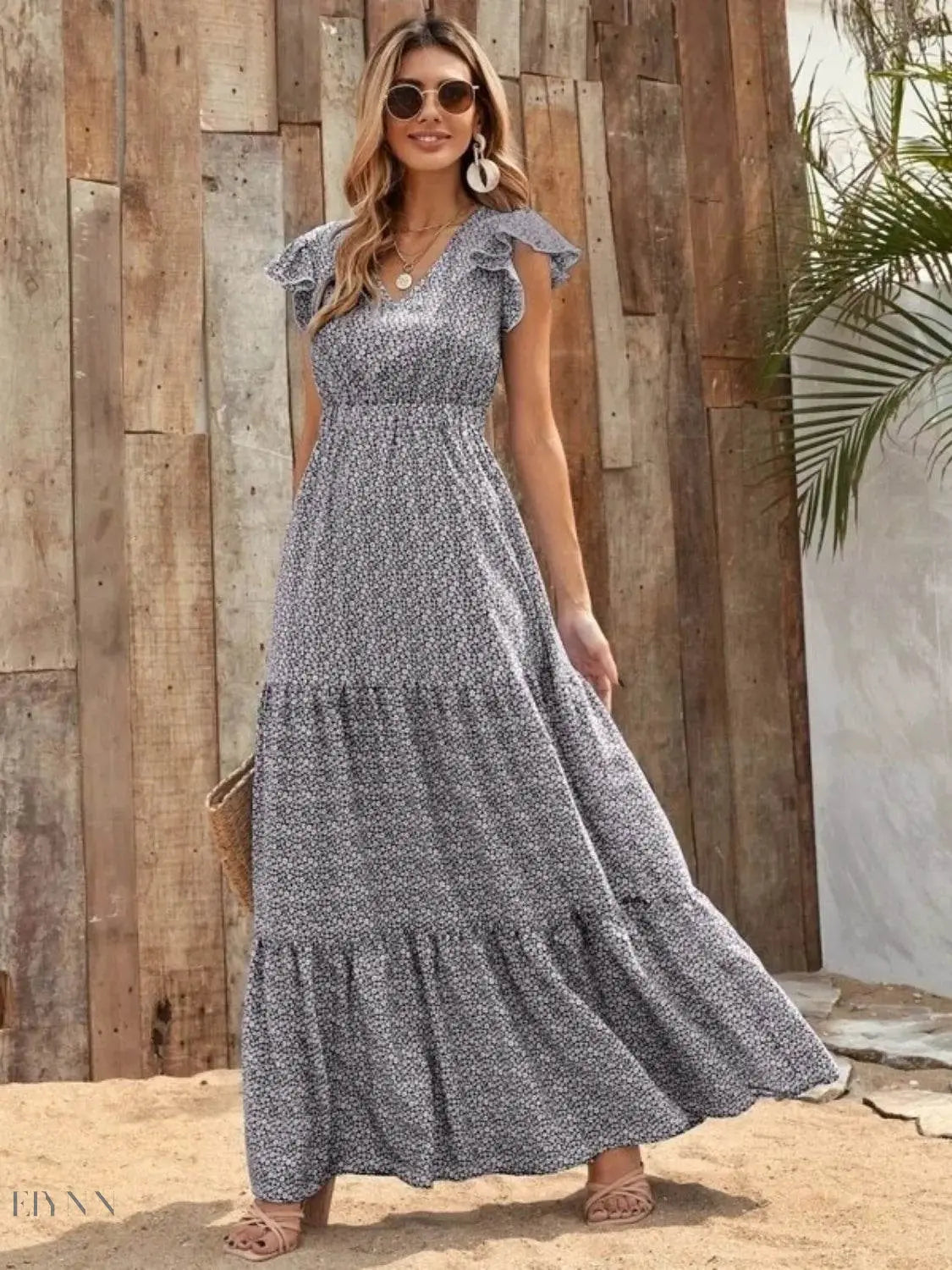 Printed V-Neck Ruffled Cap Sleeve Maxi Dress - EBYNN