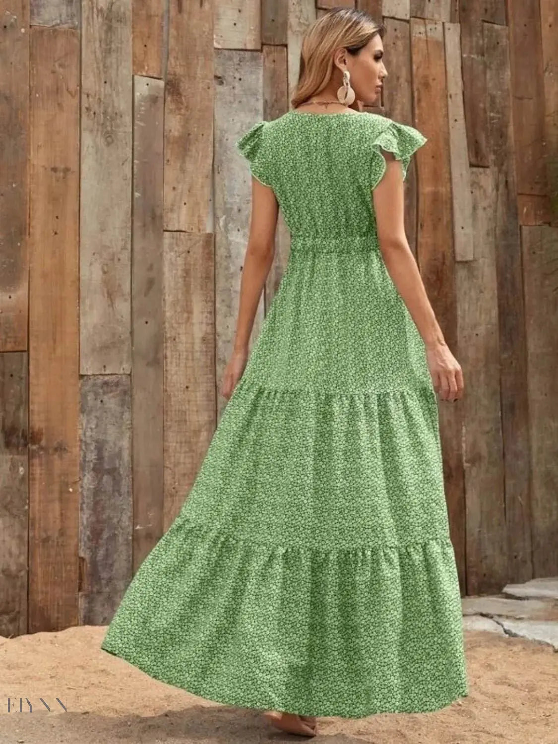 Printed V-Neck Ruffled Cap Sleeve Maxi Dress - EBYNN