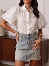 Puff Sleeve Shirt with Rhinestones and Button-Up Detail - EBYNN