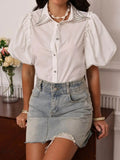 Puff Sleeve Shirt with Rhinestones and Button-Up Detail - EBYNN