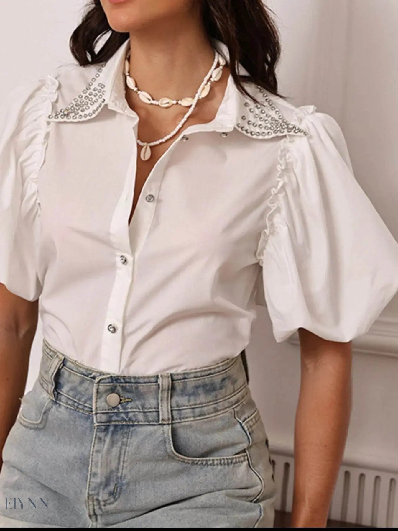 Puff Sleeve Shirt with Rhinestones and Button-Up Detail - EBYNN