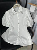 Puff Sleeve Shirt with Rhinestones and Button-Up Detail - EBYNN