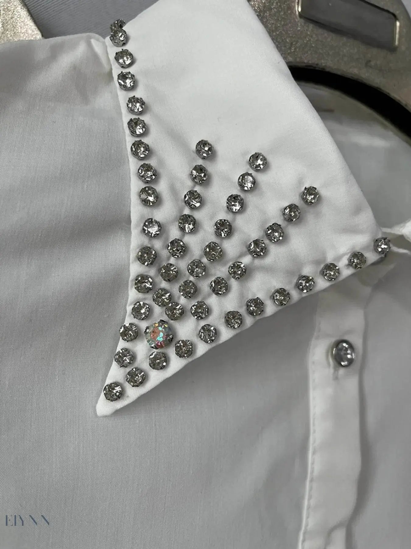 Puff Sleeve Shirt with Rhinestones and Button-Up Detail - EBYNN