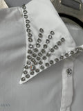 Puff Sleeve Shirt with Rhinestones and Button-Up Detail - EBYNN