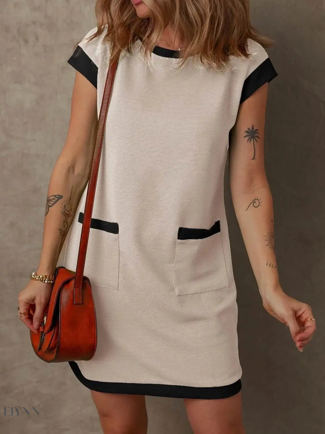 Round Neck Cap Sleeve Mini Dress with Pockets - EBYNN