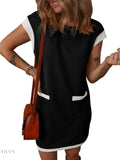 Round Neck Cap Sleeve Mini Dress with Pockets - EBYNN