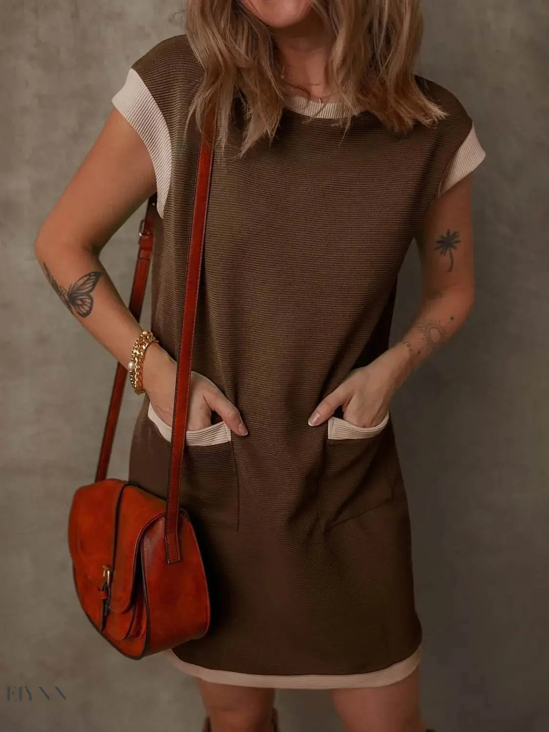 Round Neck Cap Sleeve Mini Dress with Pockets - EBYNN