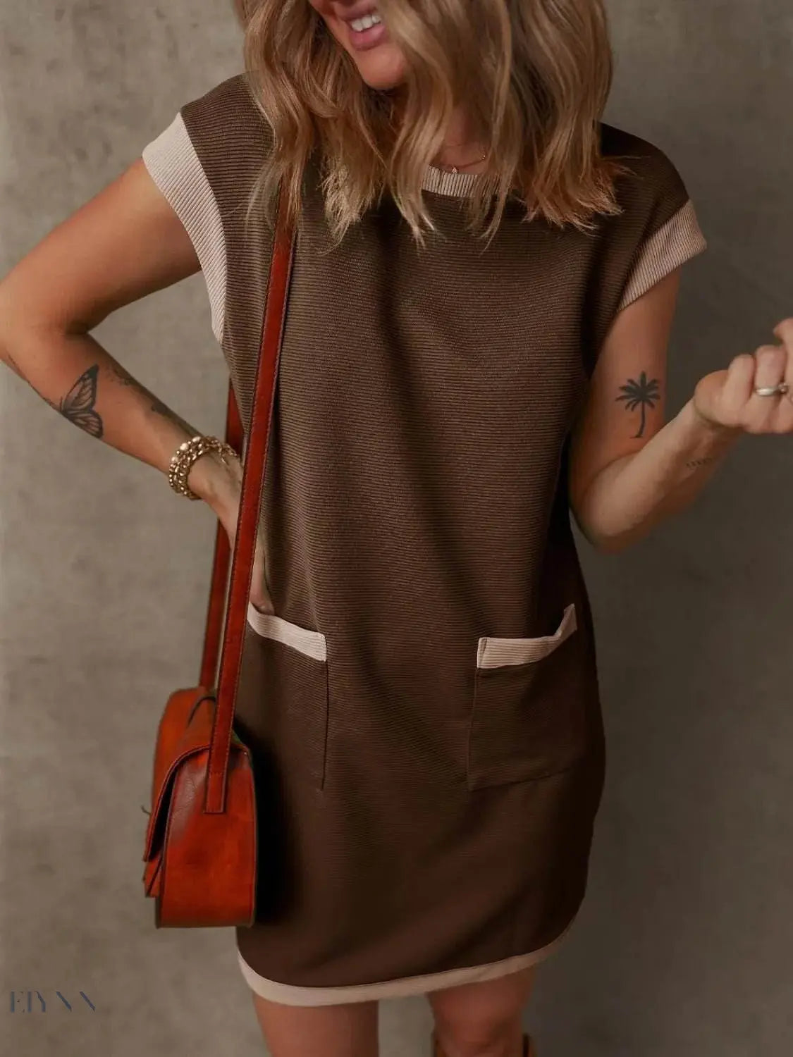 Round Neck Cap Sleeve Mini Dress with Pockets - EBYNN