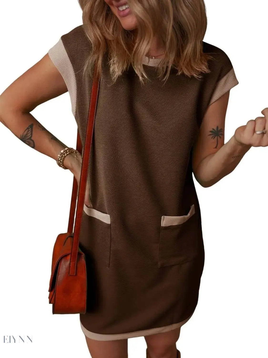 Round Neck Cap Sleeve Mini Dress with Pockets - EBYNN