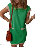 Round Neck Cap Sleeve Mini Dress with Pockets - EBYNN