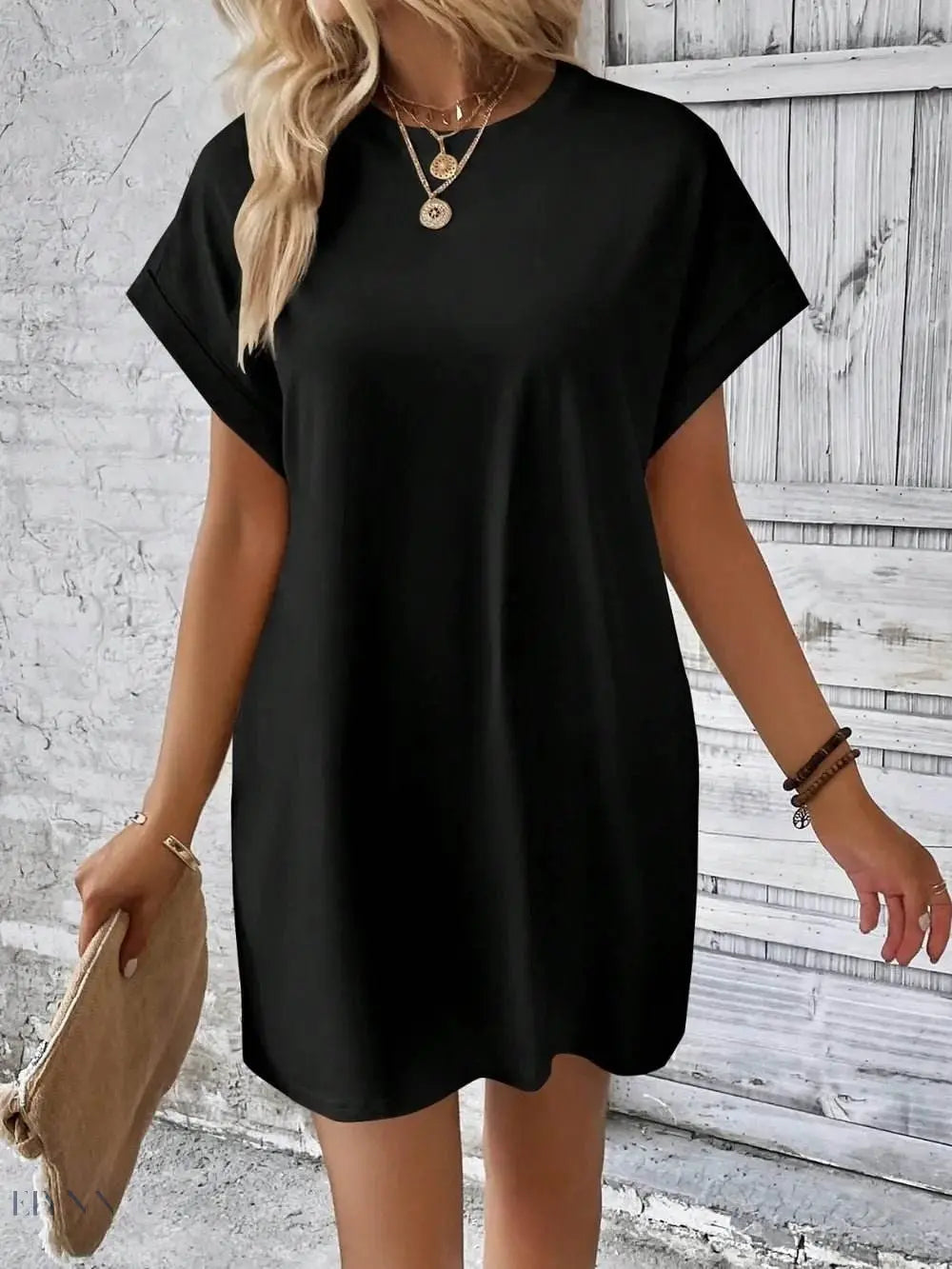 Round Neck Short Sleeve Mini Dress - EBYNN