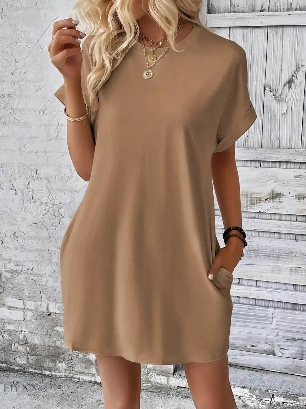 Round Neck Short Sleeve Mini Dress - EBYNN