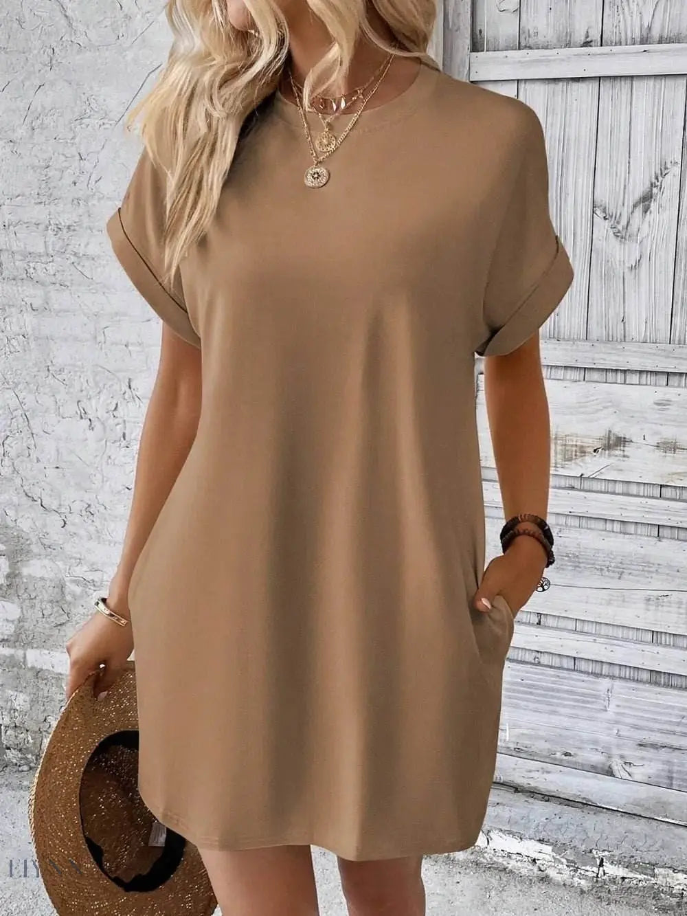 Round Neck Short Sleeve Mini Dress - EBYNN