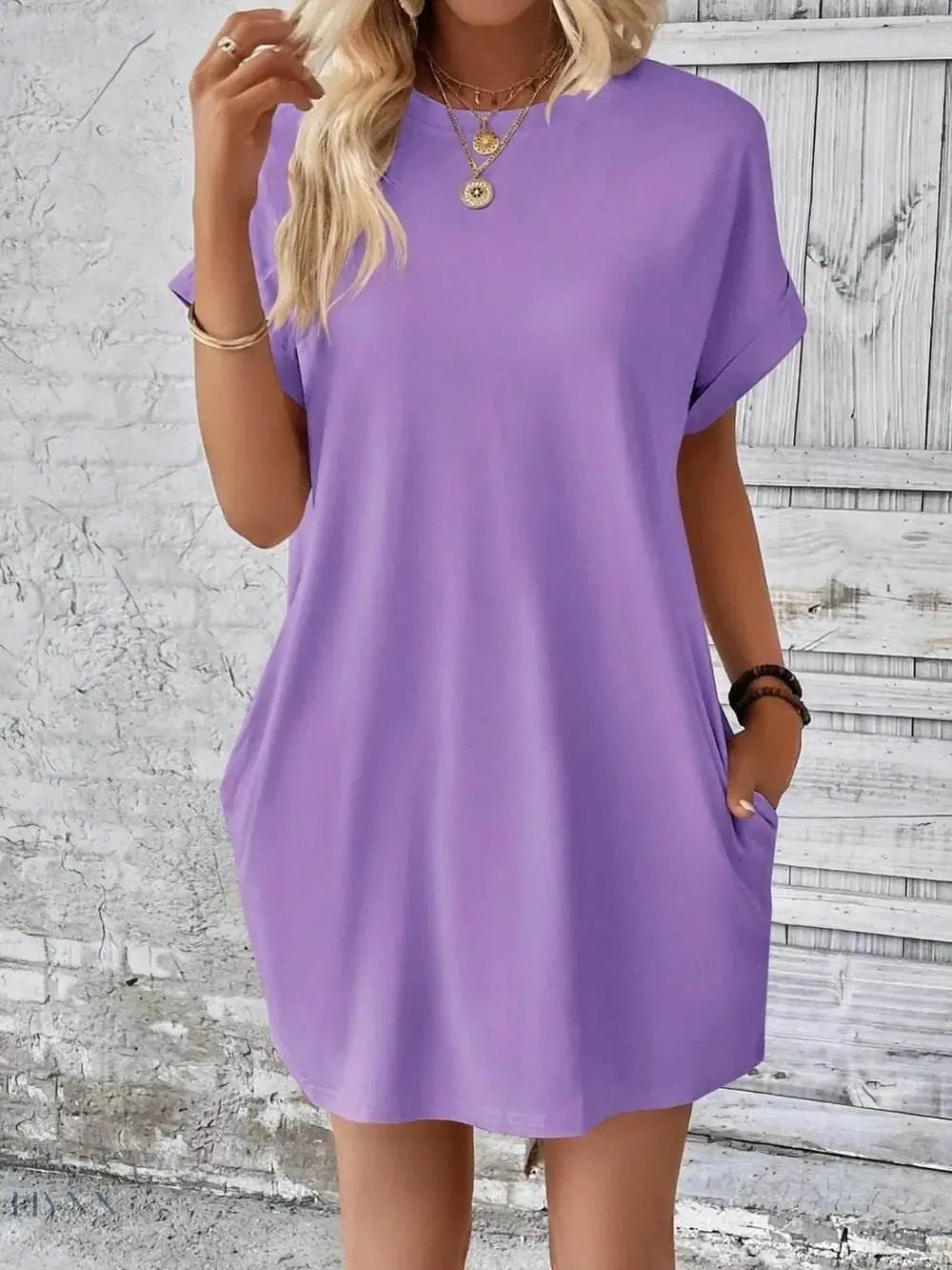 Round Neck Short Sleeve Mini Dress - EBYNN