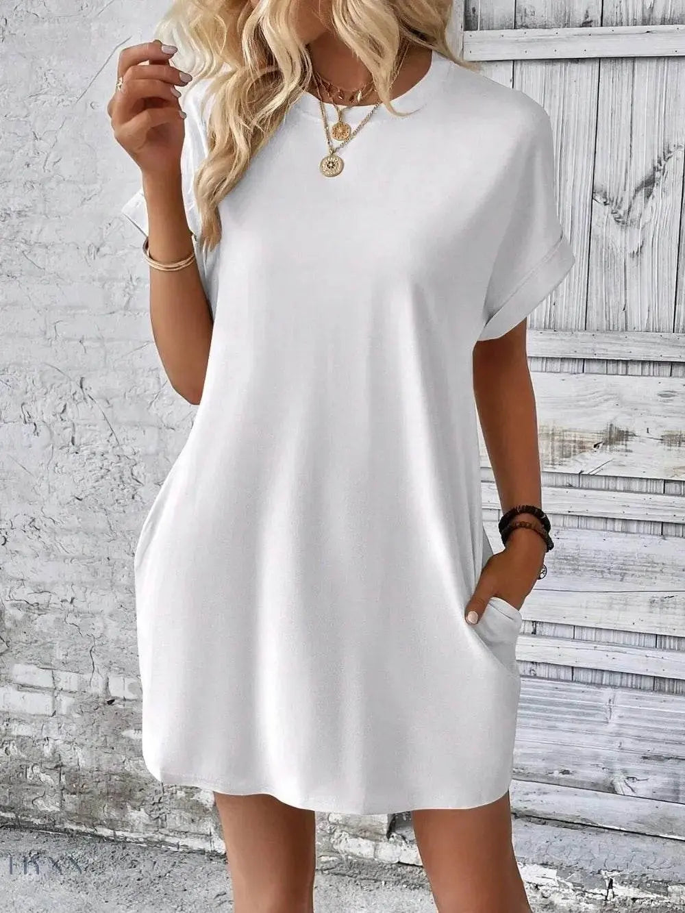Round Neck Short Sleeve Mini Dress - EBYNN