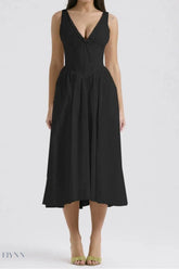 Ruched V-Neck Dress with Pockets - Sleeveless Elegance and Comfort - EBYNN