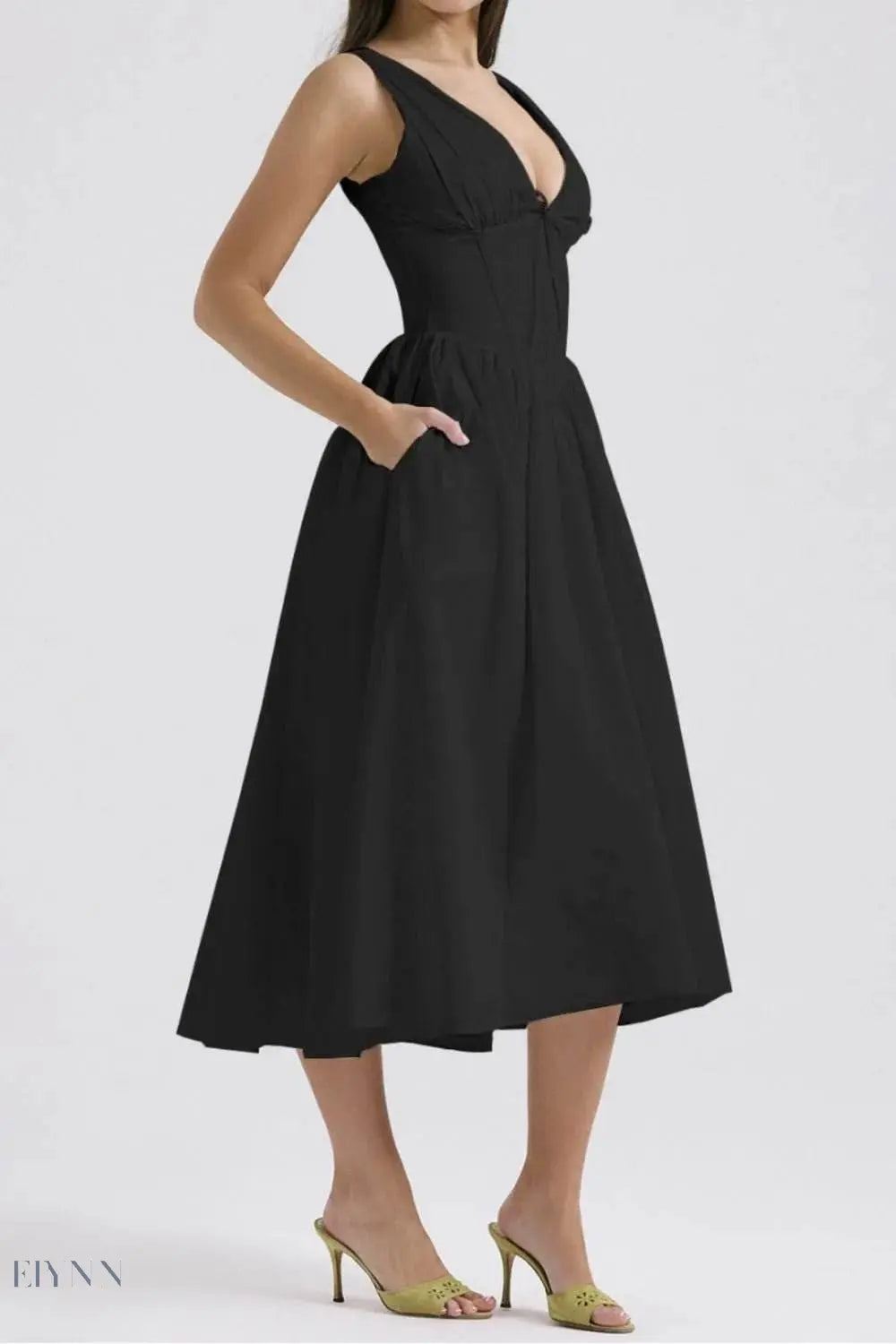 Ruched V-Neck Dress with Pockets - Sleeveless Elegance and Comfort - EBYNN
