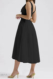 Ruched V-Neck Dress with Pockets - Sleeveless Elegance and Comfort - EBYNN