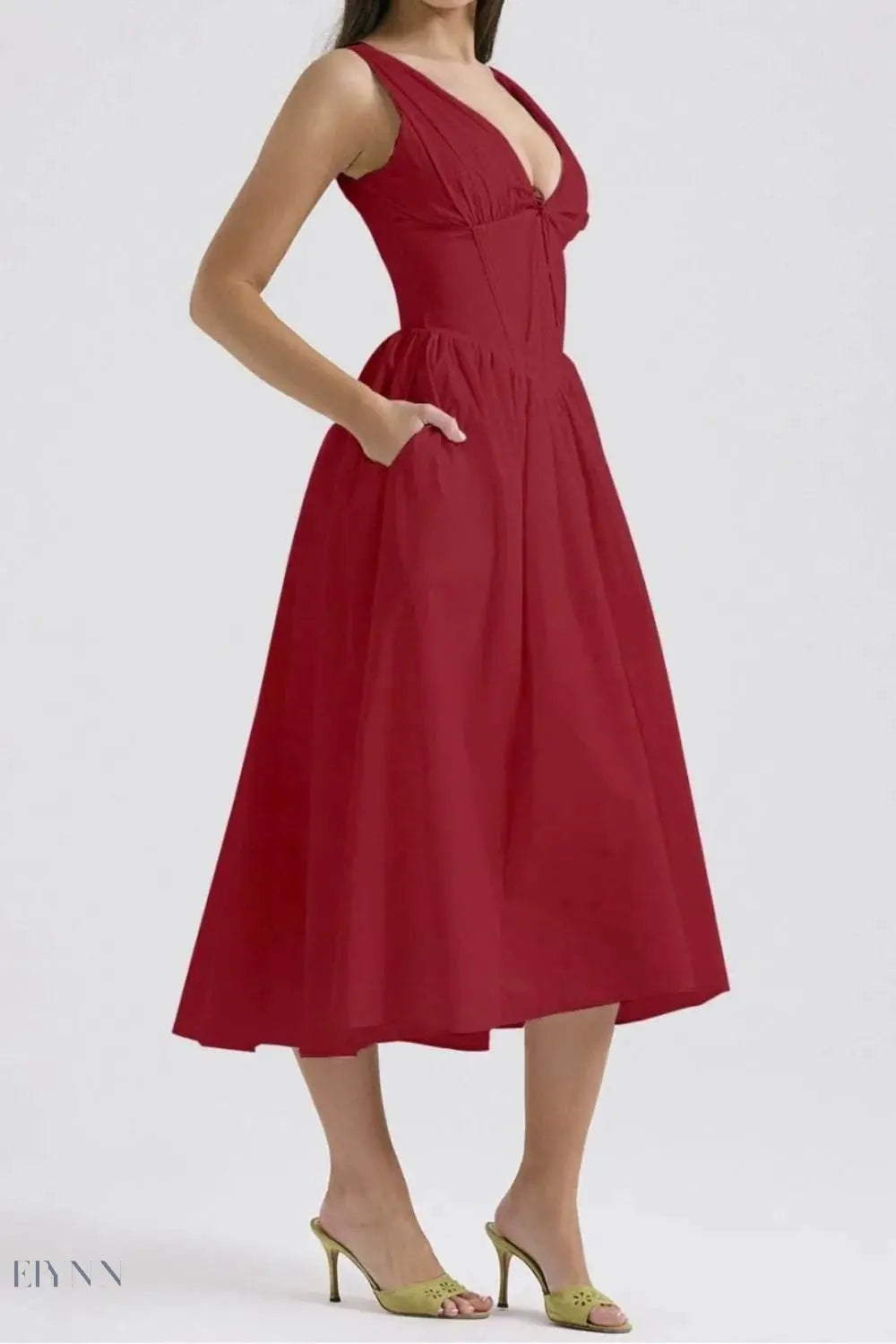 Ruched V-Neck Dress with Pockets - Sleeveless Elegance and Comfort - EBYNN