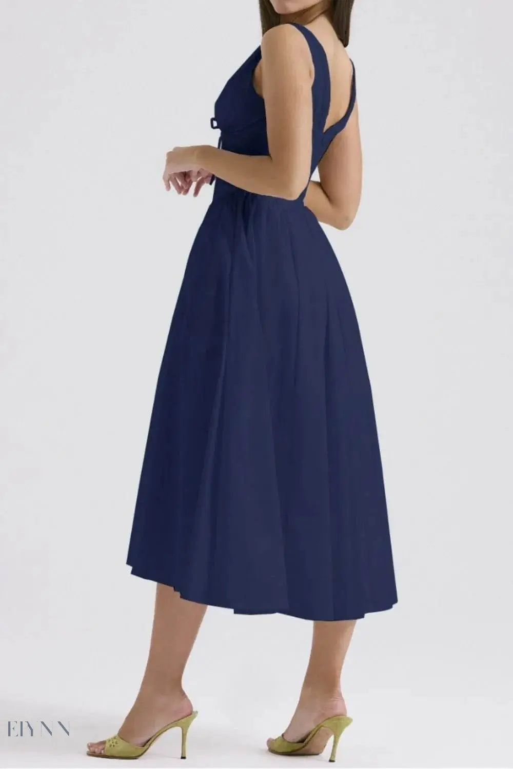 Ruched V-Neck Dress with Pockets - Sleeveless Elegance and Comfort - EBYNN