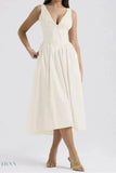 Ruched V-Neck Dress with Pockets - Sleeveless Elegance and Comfort - EBYNN