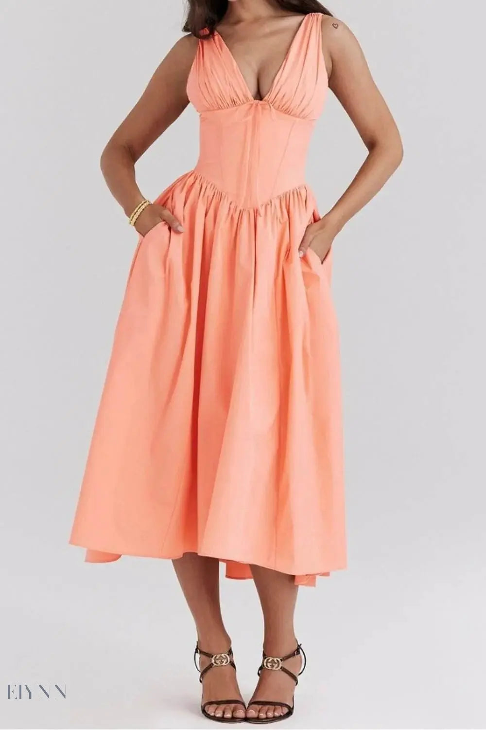 Ruched V-Neck Dress with Pockets - Sleeveless Elegance and Comfort - EBYNN