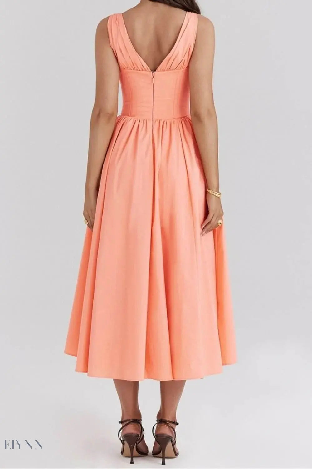 Ruched V-Neck Dress with Pockets - Sleeveless Elegance and Comfort - EBYNN