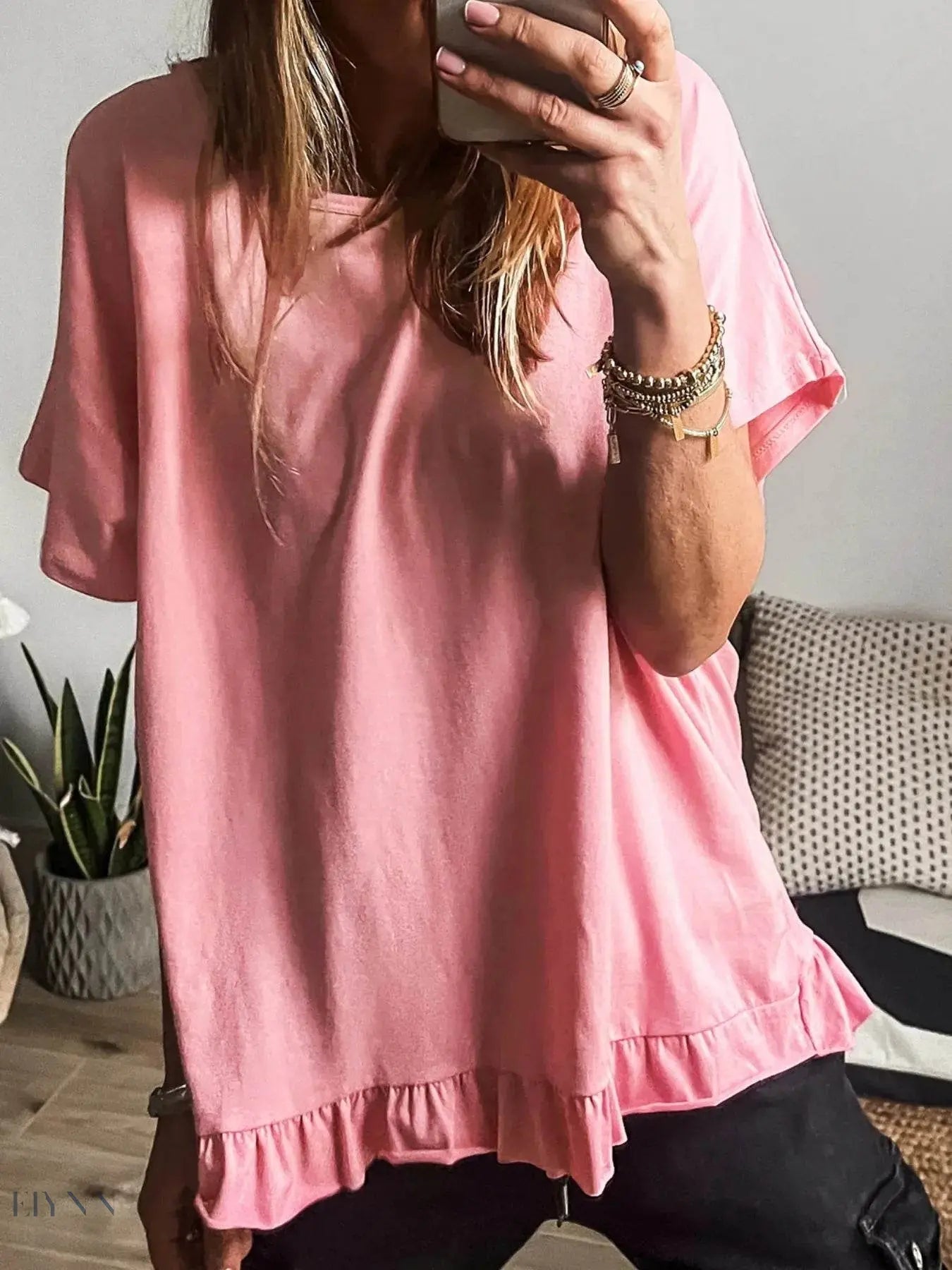 Ruffle Hem T-Shirt with Round Neck for Relaxed Fit - EBYNN
