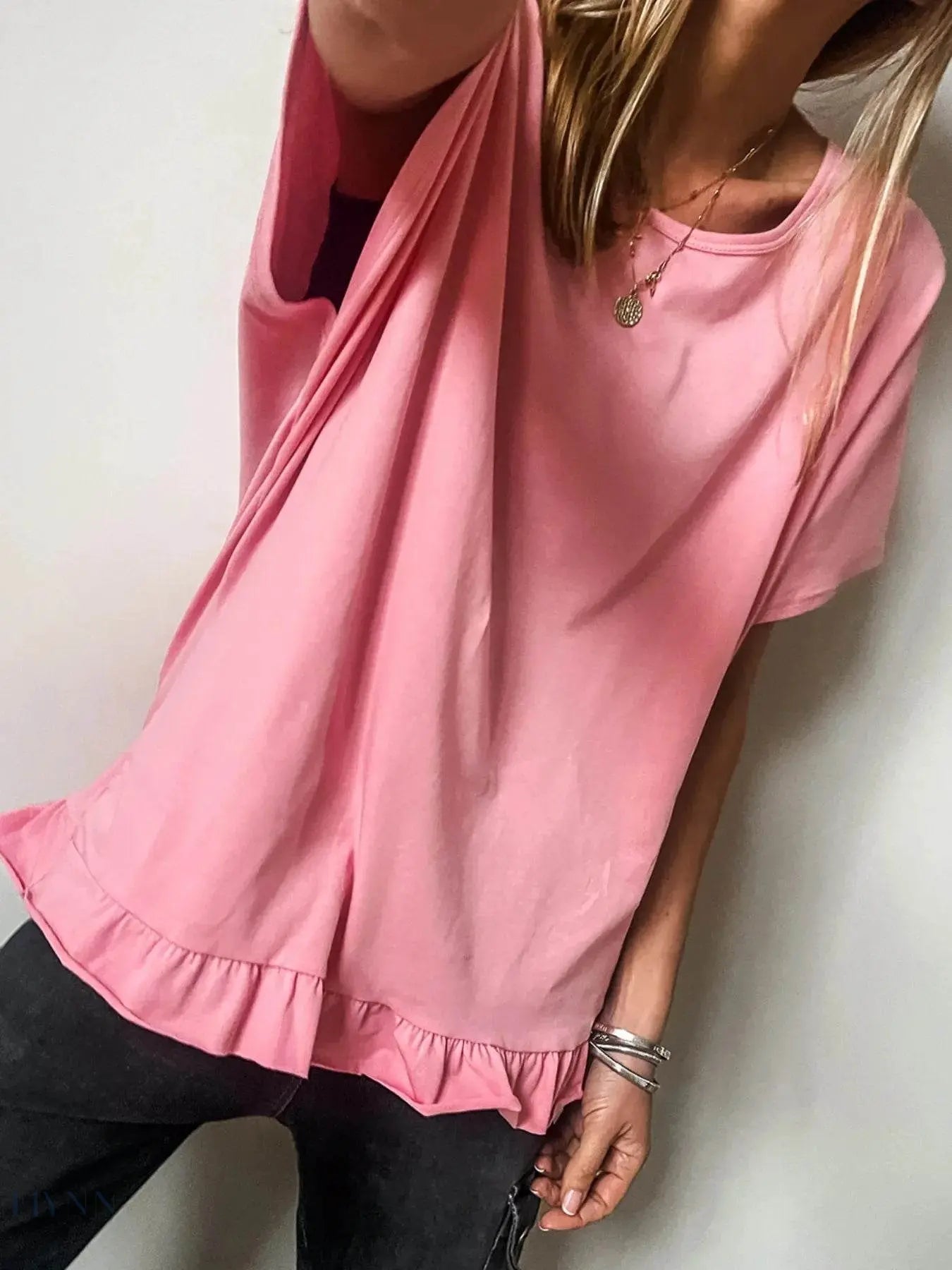 Ruffle Hem T-Shirt with Round Neck for Relaxed Fit - EBYNN