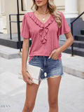 Ruffle Trim V-Neck T-Shirt for Casual Chic Style - EBYNN
