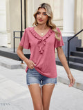Ruffle Trim V-Neck T-Shirt for Casual Chic Style - EBYNN
