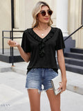 Ruffle Trim V-Neck T-Shirt for Casual Chic Style - EBYNN