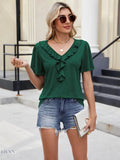 Ruffle Trim V-Neck T-Shirt for Casual Chic Style - EBYNN