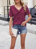 Ruffle Trim V-Neck T-Shirt for Casual Chic Style - EBYNN