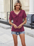 Ruffle Trim V-Neck T-Shirt for Casual Chic Style - EBYNN