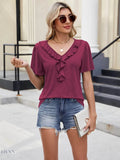 Ruffle Trim V-Neck T-Shirt for Casual Chic Style - EBYNN
