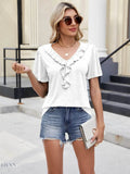 Ruffle Trim V-Neck T-Shirt for Casual Chic Style - EBYNN