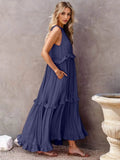 Ruffled Sleeveless Tiered Maxi Dress with Pockets - EBYNN