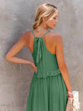 Ruffled Sleeveless Tiered Maxi Dress with Pockets - EBYNN