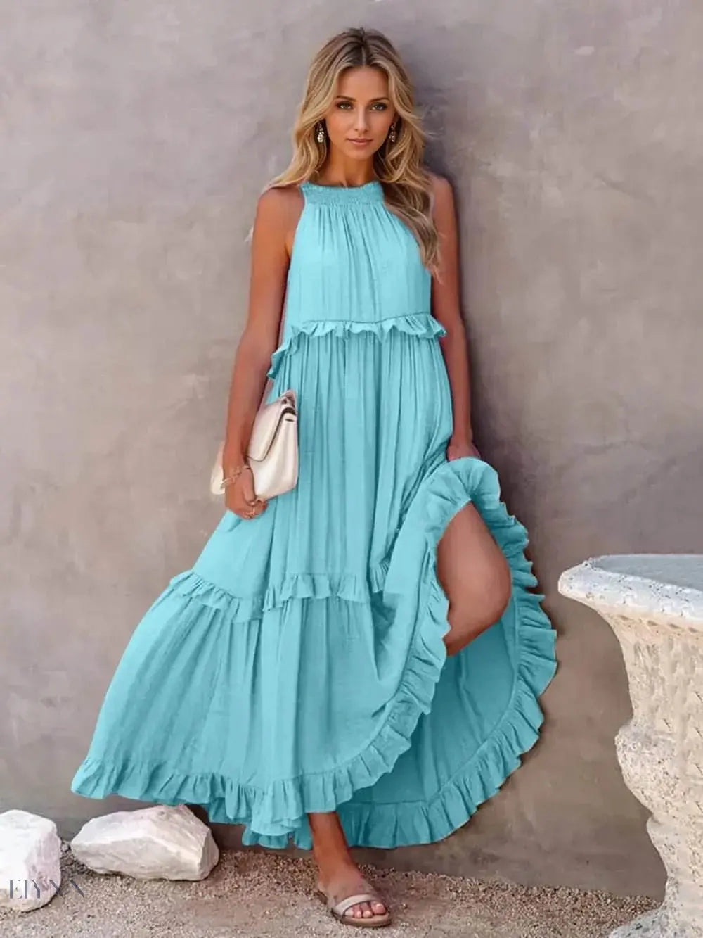 Ruffled Sleeveless Tiered Maxi Dress with Pockets - EBYNN