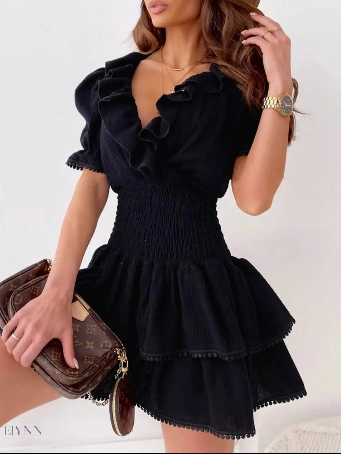 Ruffled Smocked Layered Mini Dress - EBYNN