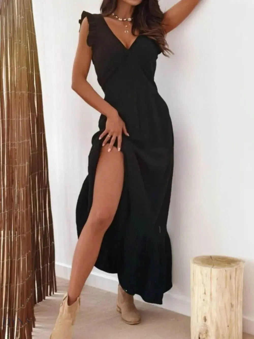 Ruffled V-Neck Cap Sleeve Maxi Dress - EBYNN