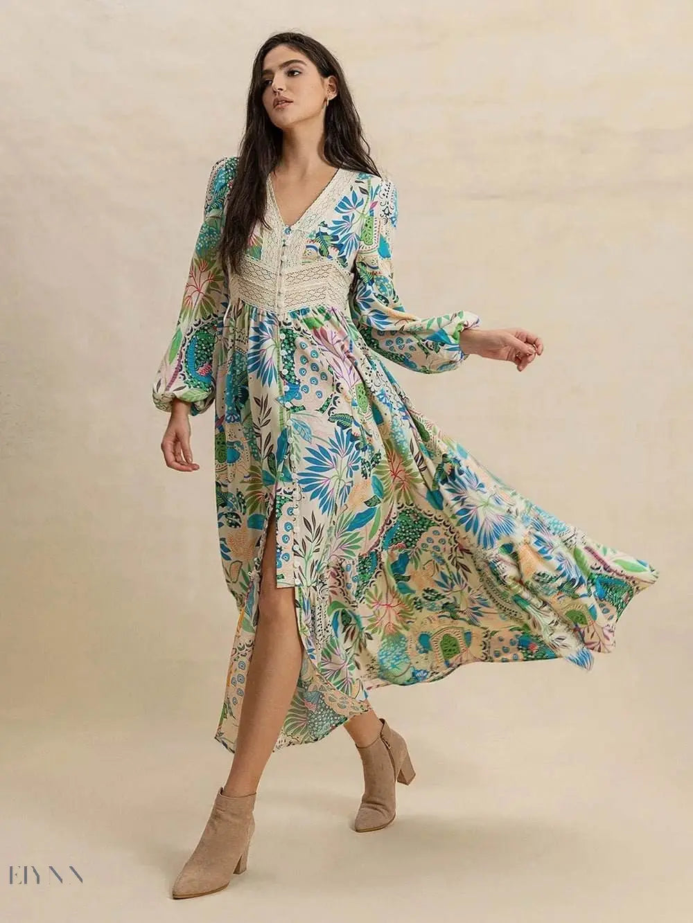Slit Printed V-Neck Long Sleeve Midi Dress - EBYNN