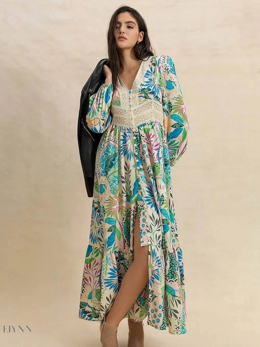 Slit Printed V-Neck Long Sleeve Midi Dress - EBYNN