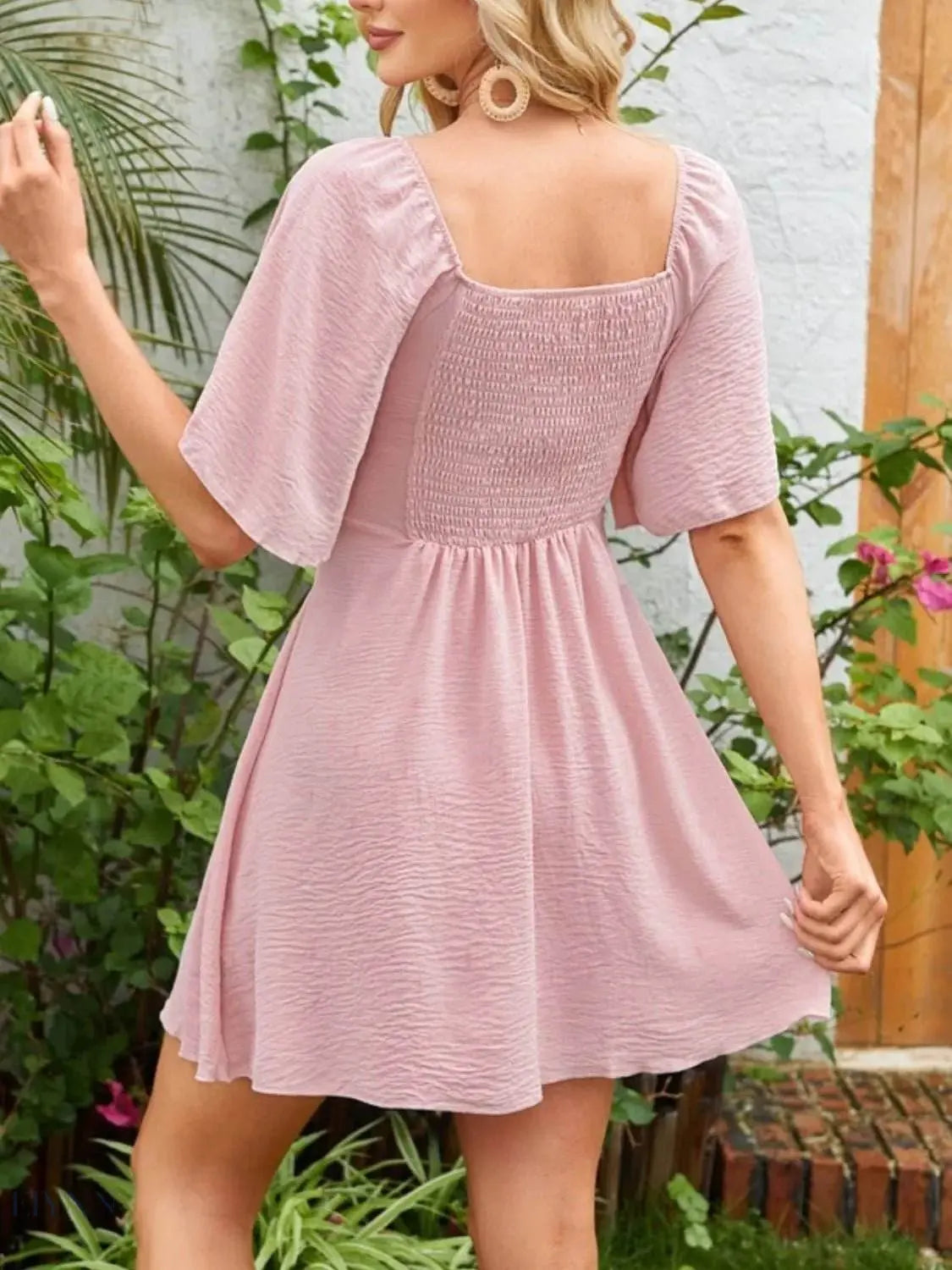 Smocked Flutter Sleeve Dress with Knotted Back Design - EBYNN