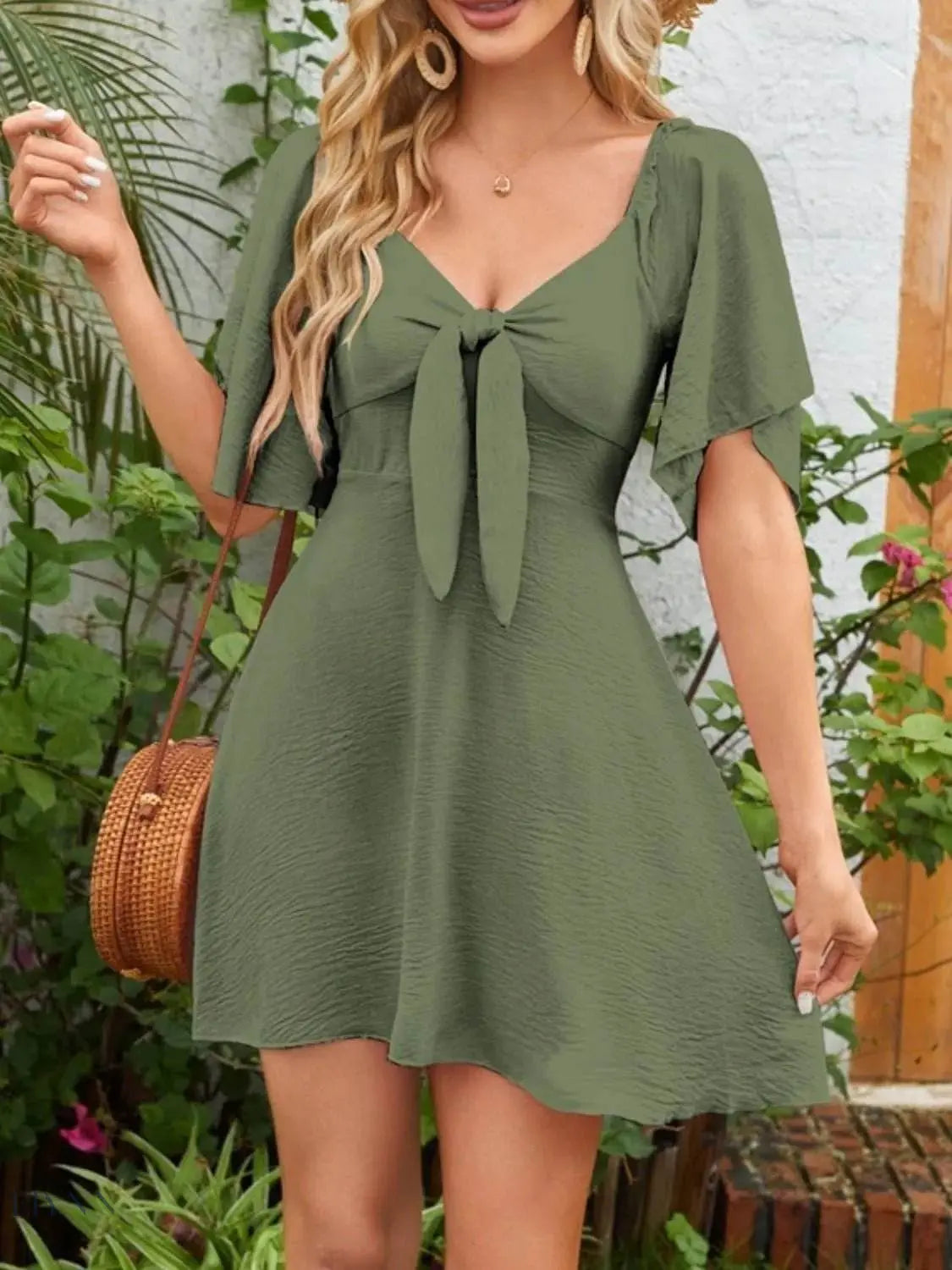 Smocked Flutter Sleeve Dress with Knotted Back Design - EBYNN