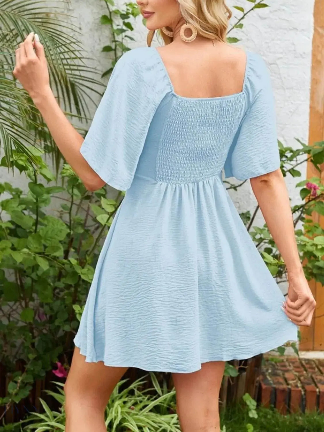 Smocked Flutter Sleeve Dress with Knotted Back Design - EBYNN