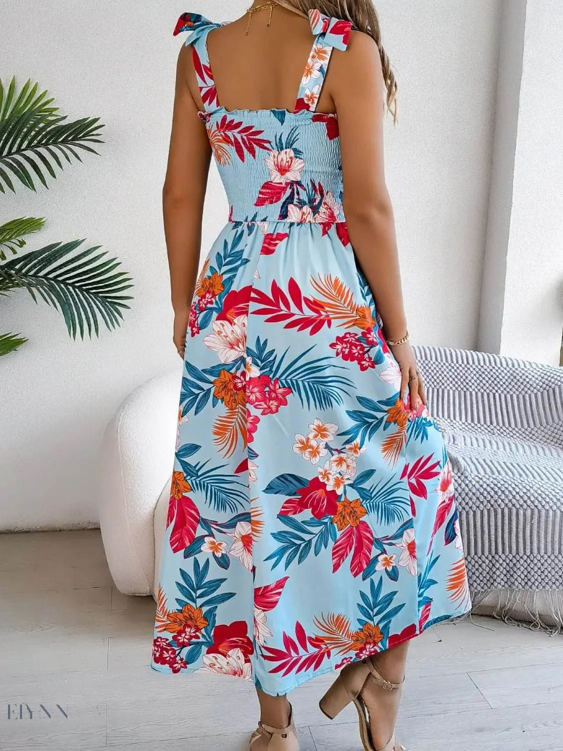 Floral Tie Shoulder Midi Dress with Smocked Detail - EBYNN